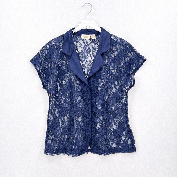 VINTAGE VICTORIAS SECRET Gold Label Lace Top Women Medium Navy Blue Short Sleeve - Picture 1 of 12